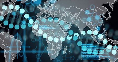 World Map with Digital Interface and Data Network Visualization