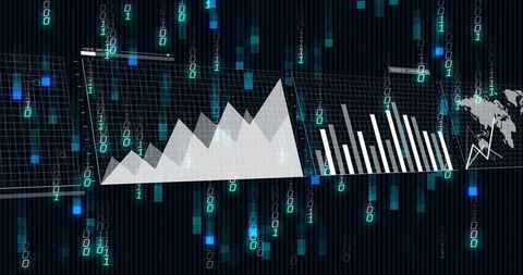 Futuristic Data Dashboard Visualizing Analytics with Area and Bar Charts and Binary Streams
