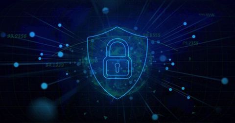 Neon Blue Cyber Shield Lock Protecting Global Network and Data Security Interface, Encryption Firewa