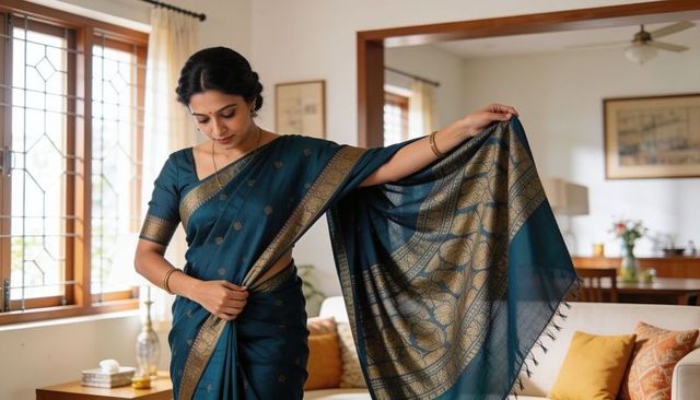 Indian woman arranging teal-blue silk saree pallu wearing gold bangles and necklace in living room