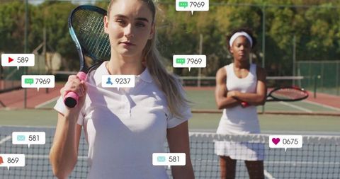 Tennis Players with Social Media Icons on Outdoor Court