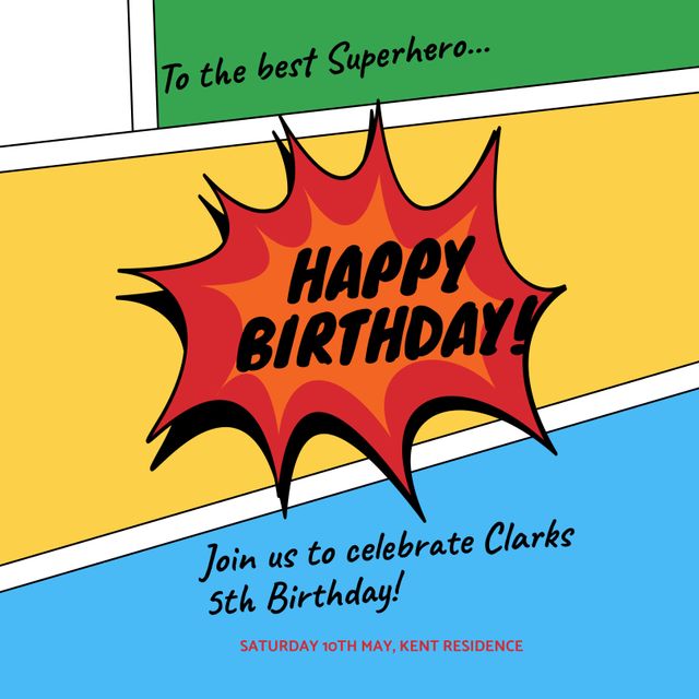 This vibrant, comic-style birthday card features a dynamic explosion graphic, perfect for a superhero-themed celebration. Ideal for inviting guests to a 5th birthday party, it adds a fun and energetic touch to any birthday celebration. Use it for birthday invitations, party decorations, or digital invitations.