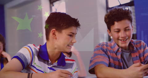 Smiling Schoolboys Using Smartphone with Chinese Flag Overlay