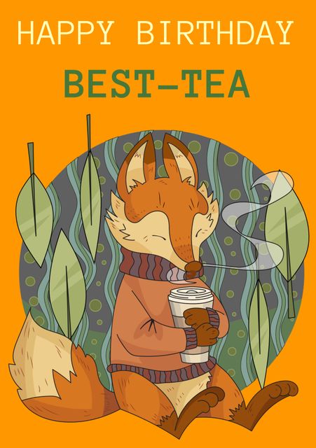 Colorful birthday card featuring a cute fox holding a cup of tea promotes warmth and friendship. Perfect for birthdays, whimsical celebrations, and nature-themed party invitations. Ideal for anyone who loves animals or cozy, cute themes in their greetings.