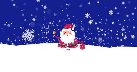 Cartoon santa claus in snow with present sack and bell