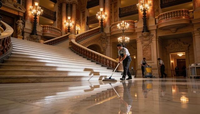 Uniformed cleaners polishing marble floor in grand opera house foyer with sweeping staircase