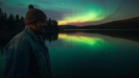 Man Leaning and Watching Northern Lights Over Quiet Lake at Night with Reflective Aurora