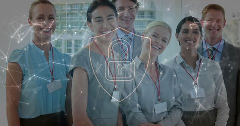 Team of Business Professionals with Digital Security Padlock Overlay