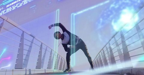 Futuristic athlete stretching on bridge with neon holographic overlays, fitness action