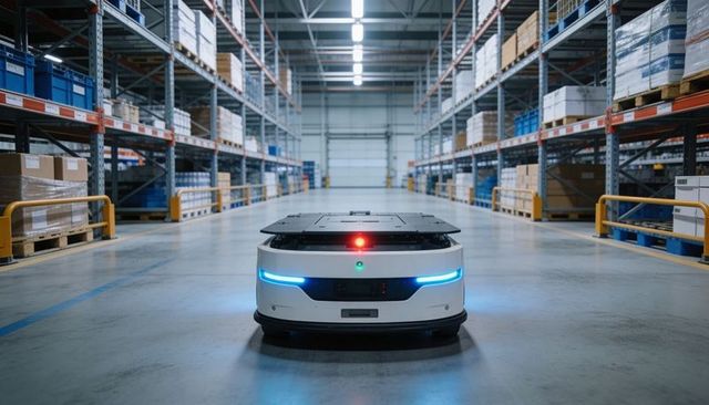 Autonomous mobile robot navigating warehouse aisle for automated logistics and fulfillment