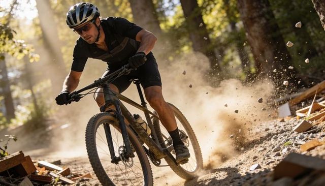 Male mountain biker carving dusty singletrack, kicking gravel in sunlit forest