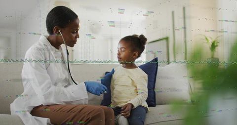 Female doctor kneeling examining child at home using stethoscope during home-visit care