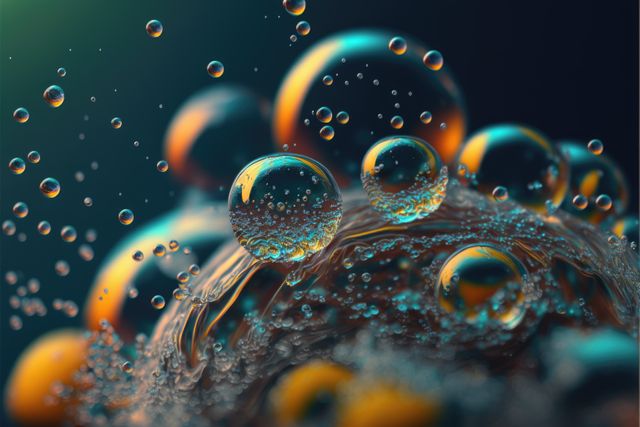 Capturing intricate details of water bubbles showcasing a mesmerizing display of vibrant colors. Perfect for use in design projects needing abstract backgrounds, science or chemistry illustrations, or artistic presentations.