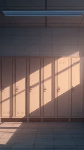 Vertical video sunlit lockers casting diagonal shadows on tiled corridor during golden hour