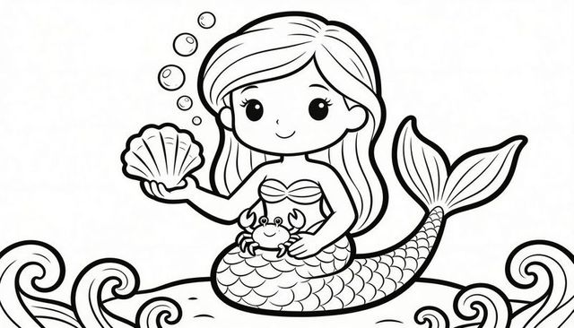 Smiling mermaid holding scallop and crab, sitting on rock with waves, line art coloring page