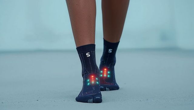 Walking in led-illuminated crew socks rear foot view showing motion, smart fitness stride