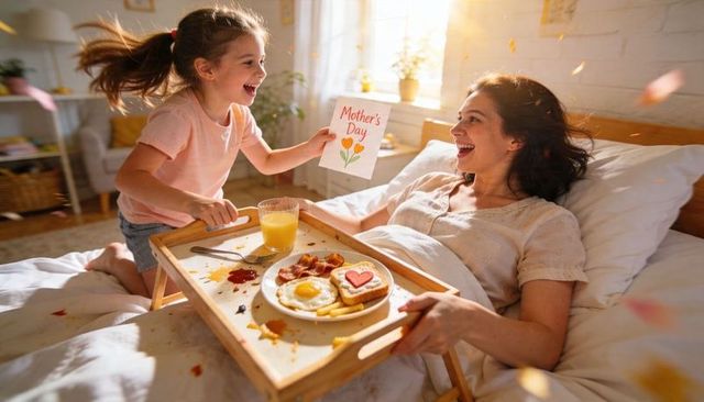 Daughter serving mother's day breakfast in bed to joyful mom in sunlit cozy bedroom