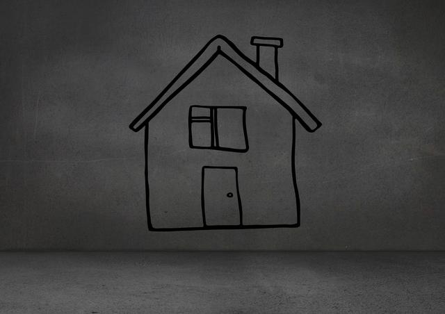 Hand drawn house on grey wall, perfect for illustrating concepts of home, creativity, and urban art. Ideal for use in real estate, interior design, and artistic projects.