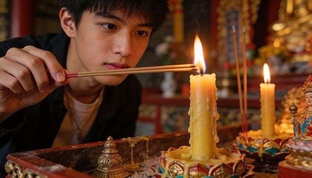 Young asian man lighting incense at temple altar in warm candlelight, devotional ritual