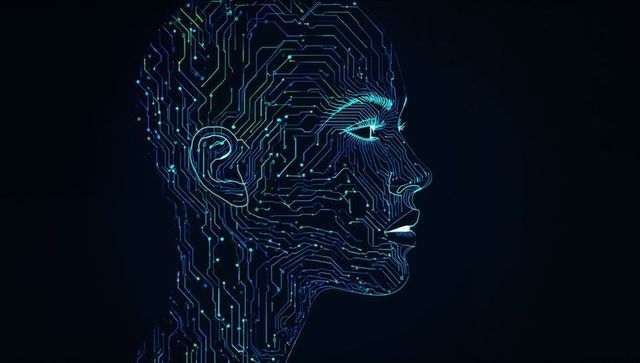 Glowing circuitry forming stylized human head profile representing AI neural network