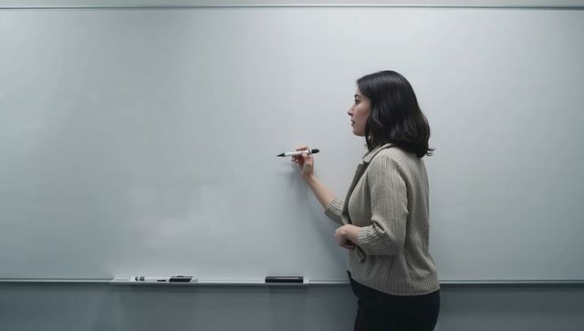 Woman writing on whiteboard presenting concept for training or classroom