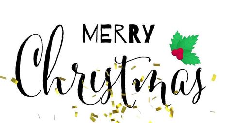 Merry christmas handlettering with gold confetti, brush calligraphy typography and holly