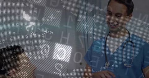 Smiling Clinician in Blue Scrubs Communicating with Patient with World Map HUD Overlay