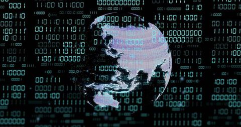 Spinning holographic globe highlighting Asia-Pacific hovering over teal binary code stream