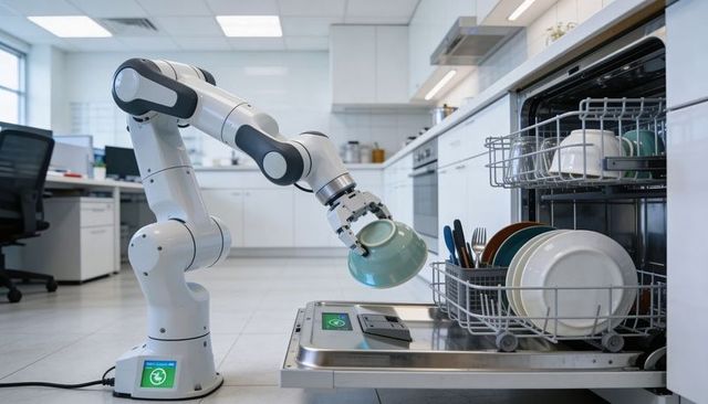 Collaborative robot arm loading dishwasher in modern office kitchen