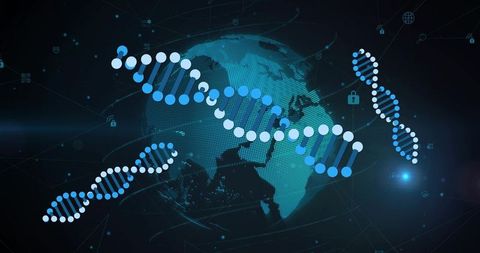 Global digital DNA helix connecting genomics network, biotech data security and AI research