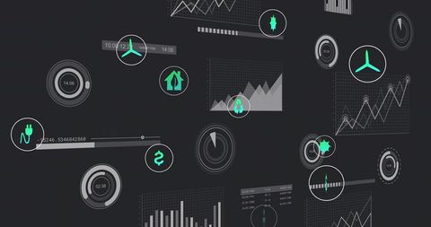 Floating digital analytics dashboard with teal line charts, gauges and interactive widgets