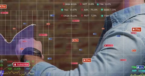Pointing man in denim shirt interacting with augmented analytics dashboard and smartwatch UI