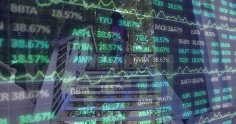 Stock market data overlaid on escalading woman concepting finance goal inspiration