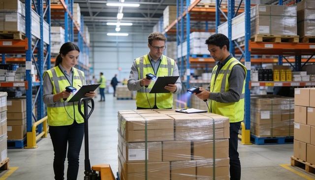 Warehouse team scanning pallet inventory with handheld barcode scanners and clipboards