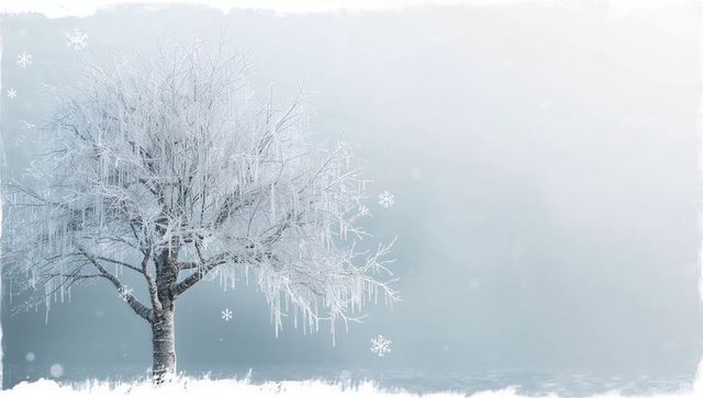 Frosted tree drooping with long icicles in snowy meadow, minimal blue gray winter scene