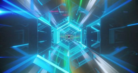 Illuminated Futuristic Hexagonal Tunnel with Multicolored Holographic Patterns