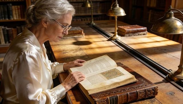 Senior woman studying illuminated manuscript at wooden table in historic library with brass lamps