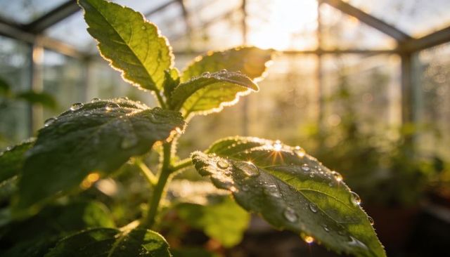 Green leaves catching golden morning sunlight and dew in greenhouse macro closeup, nature