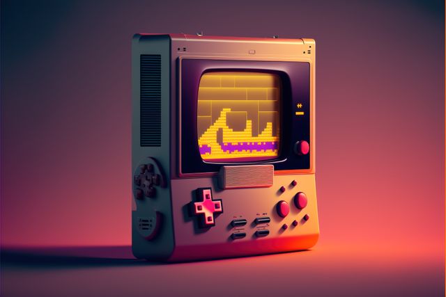 Iconic retro gaming console showcasing pixel art on its screen, evoking nostalgic memories from the 80s and 90s. Features classic game controller buttons and a vibrant neon color palette, perfect for illustrating vintage gaming themes, technology nostalgia articles, or digital art showcases.