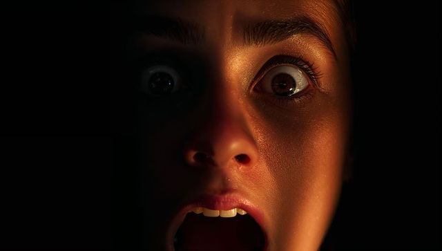 Adolescent girl gasping in dark with wide eyes and warm dramatic lighting fearful closeup