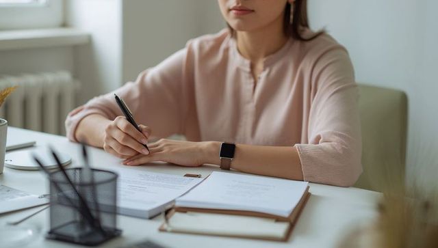 Woman writing documents in minimalist home office