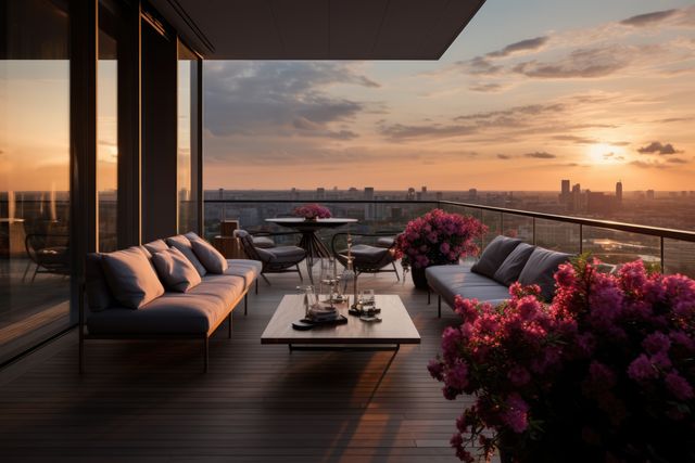 Luxurious Rooftop Terrace with Cityscape at Sunset - Download Free Stock Images Pikwizard.com