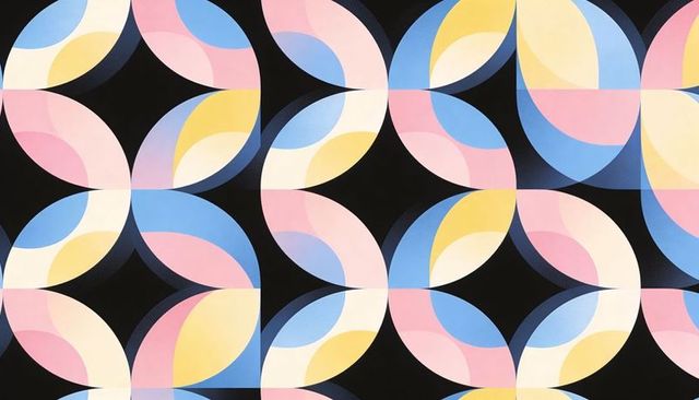 Pastel Geometric Tile Pattern Featuring Overlapping Semicircles and Black Negative Space