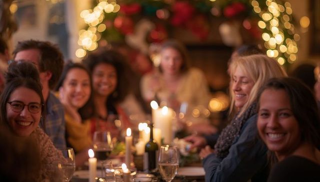 Friends laughing at cozy candlelit holiday dinner party with wine and fireplace