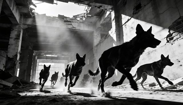 Running pack of dark canines charging through derelict warehouse with sun shafts