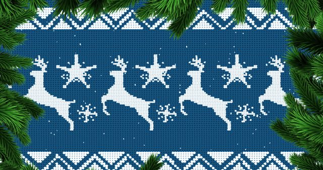 Festive Reindeer Pattern with Fir Tree Frame on Blue - Download Free Stock Images Pikwizard.com