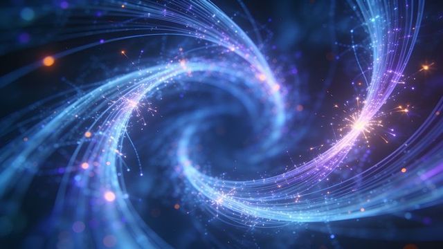 Swirling luminous vortex spiraling inward through twisting glowing particle filaments