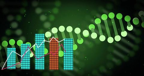 Visualizing genomic data neon dna helix with bar and line charts for biotech analytics