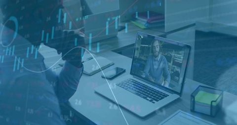 Business team remote meeting with financial data overlay