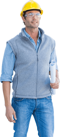caucasian engineer wearing helmet holding blueprints transparent background - Download Free Stock Videos Pikwizard.com
